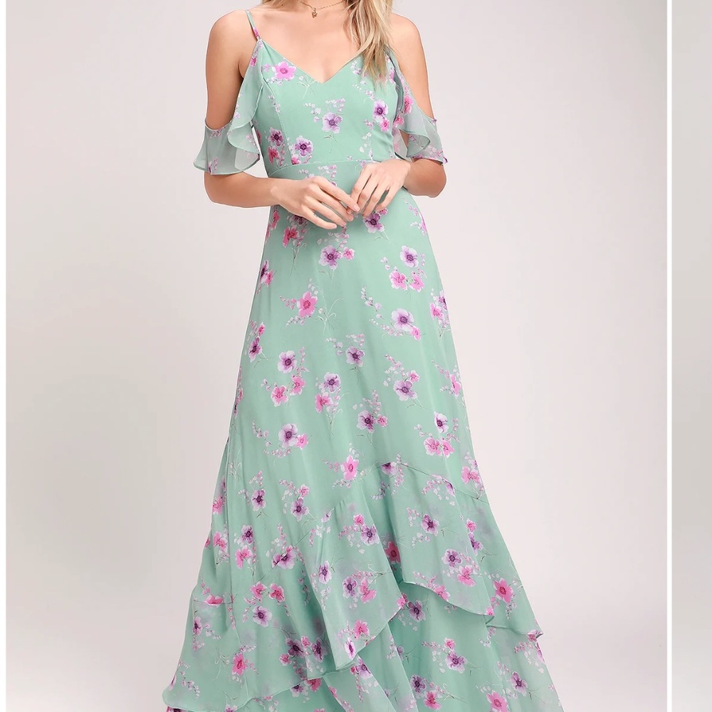 Lulu's Mint Green Floral Maxi Dress with Pink & Purple Blossoms